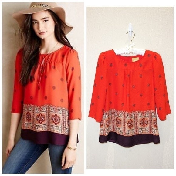 Anthropologie Maeve Rila Bordered Boho Printed Top - Picture 1 of 15
